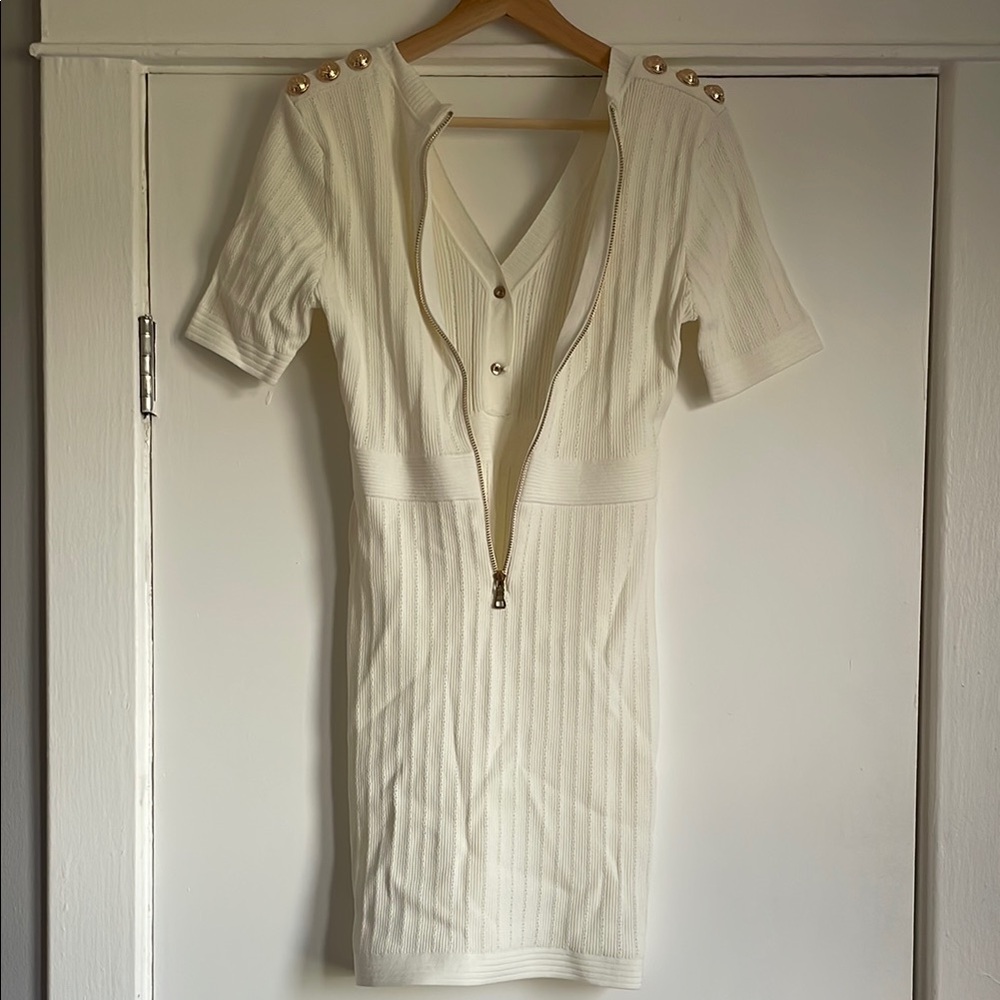 Cream Ribbed Buttoned Sheath Mini Dress - Picture 4 of 9